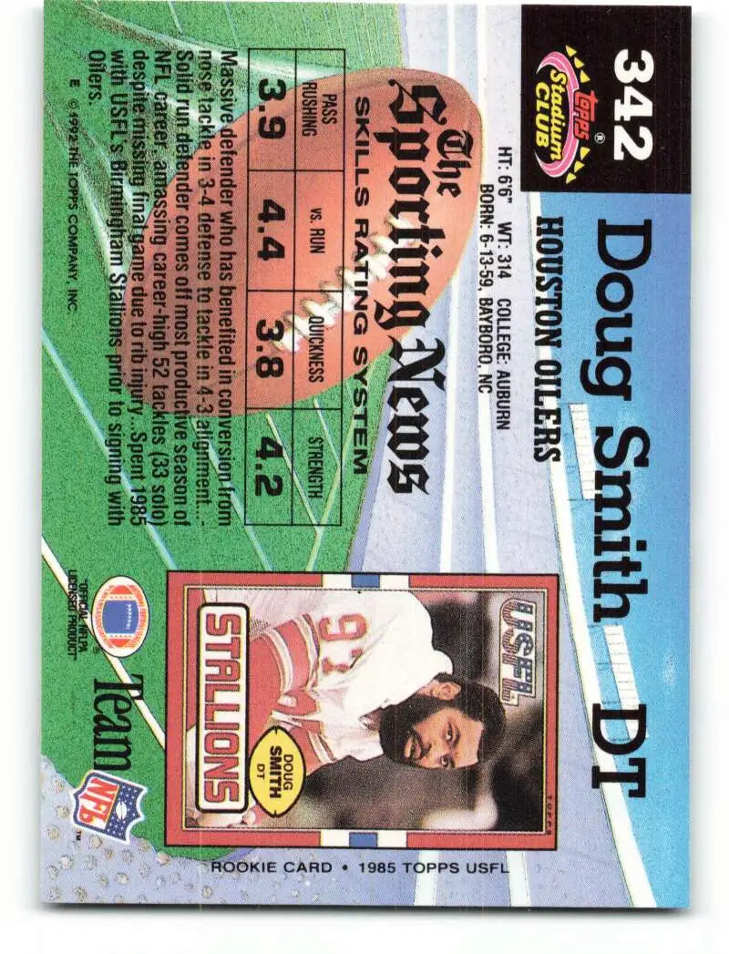 1992 Topps Stadium Club #342 Doug Smith EX Excellent Houston Oilers Football Card - Football Card Single