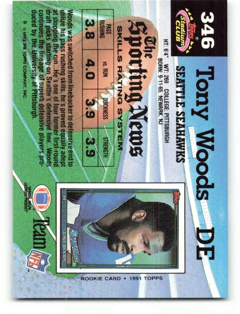 1992 Topps Stadium Club #346 Tony Woods EX Excellent Seattle Seahawks Football Card - Football Card Single