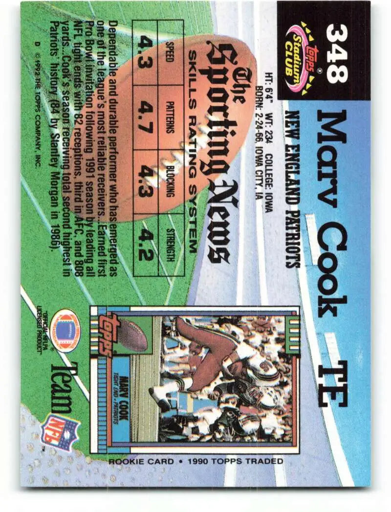 1992 Topps Stadium Club #348 Marv Cook EX Excellent New England Patriots Football Card - Football Card Single