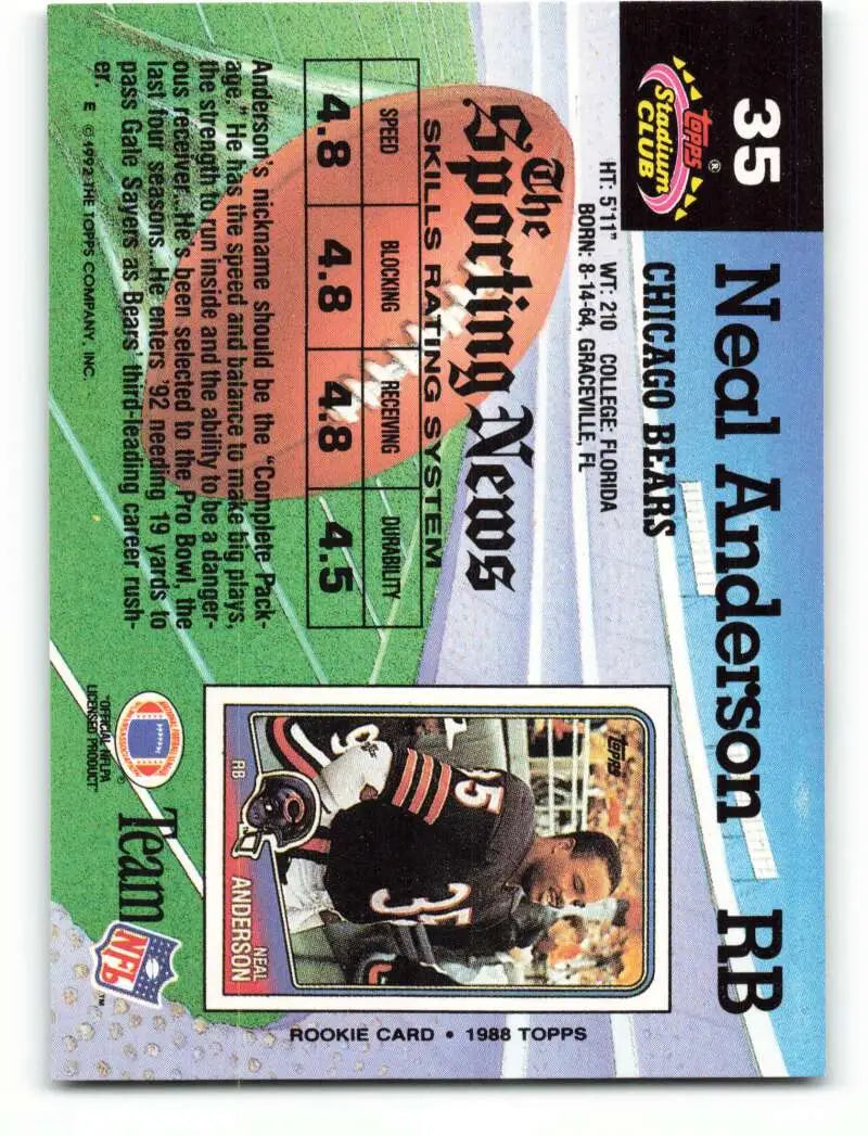 1992 Topps Stadium Club #35 Neal Anderson EX Excellent Chicago Bears Football Card - Football Card Single