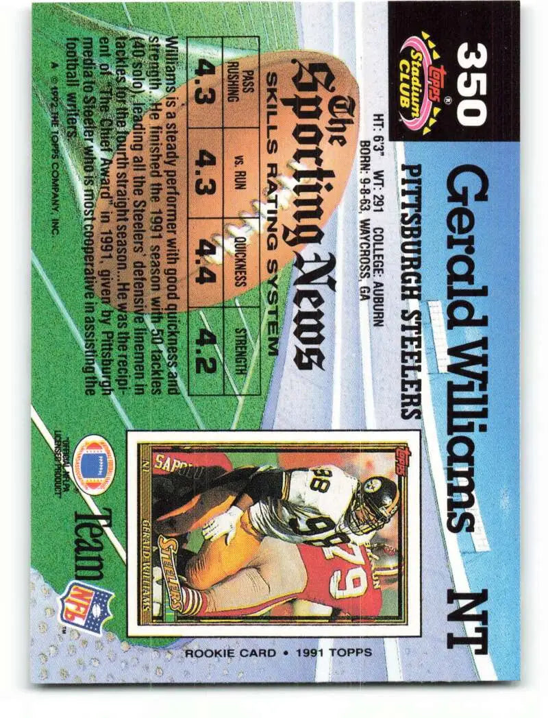 1992 Topps Stadium Club #350 Gerald Williams EX Excellent Pittsburgh Steelers Football Card - Football Card Single