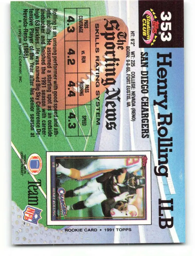 1992 Topps Stadium Club #353 Henry Rolling EX Excellent San Diego Chargers Football Card