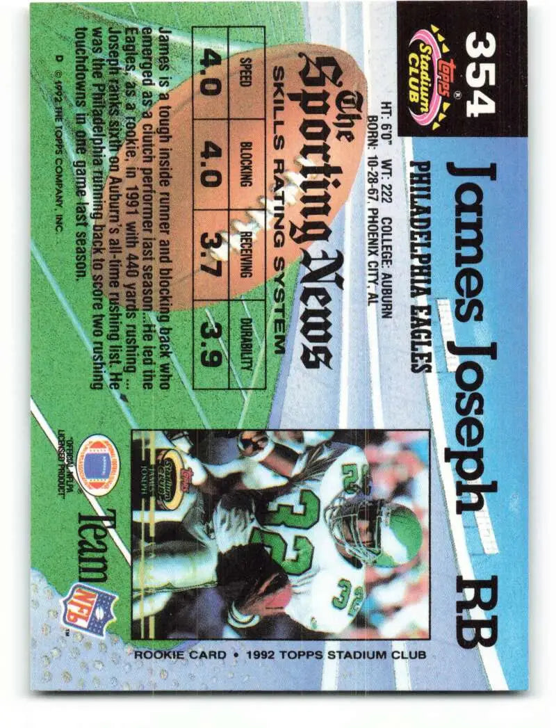 1992 Topps Stadium Club #354 James Joseph EX Excellent Philadelphia Eagles Football Card - Football Card Single
