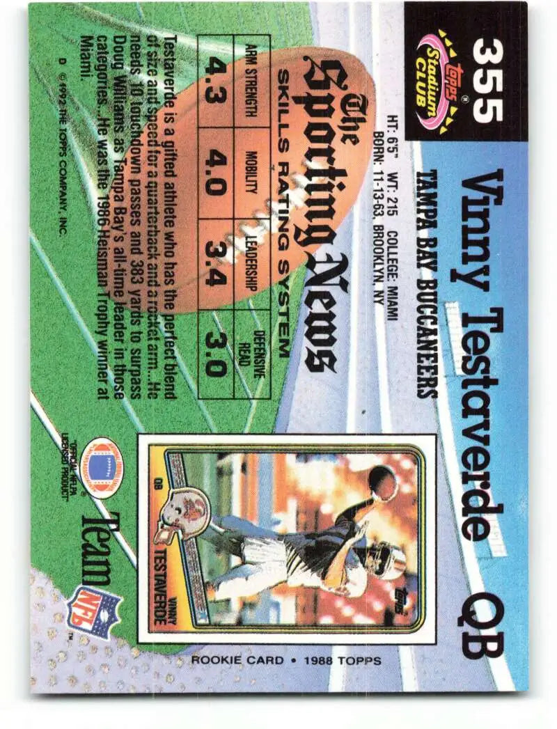 1992 Topps Stadium Club #355 Vinny Testaverde EX Excellent Tampa Bay Buccaneers Football Card - Football Card Single