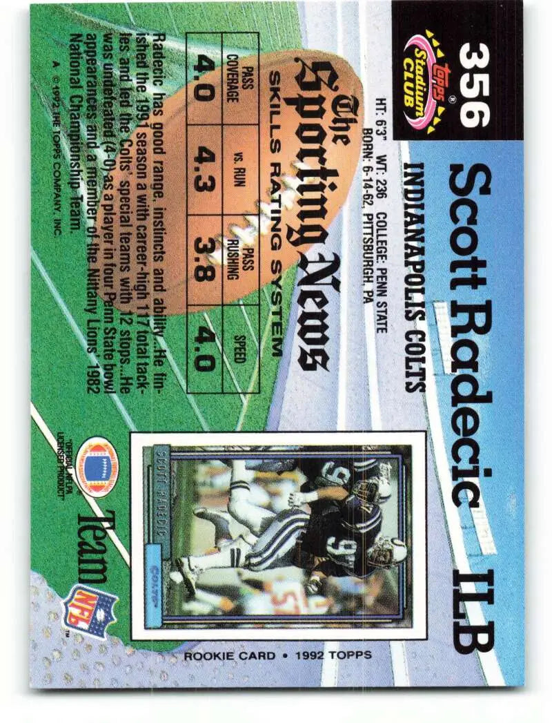 1992 Topps Stadium Club #356 Scott Radecic EX Excellent Indianapolis Colts Football Card - Football Card Single