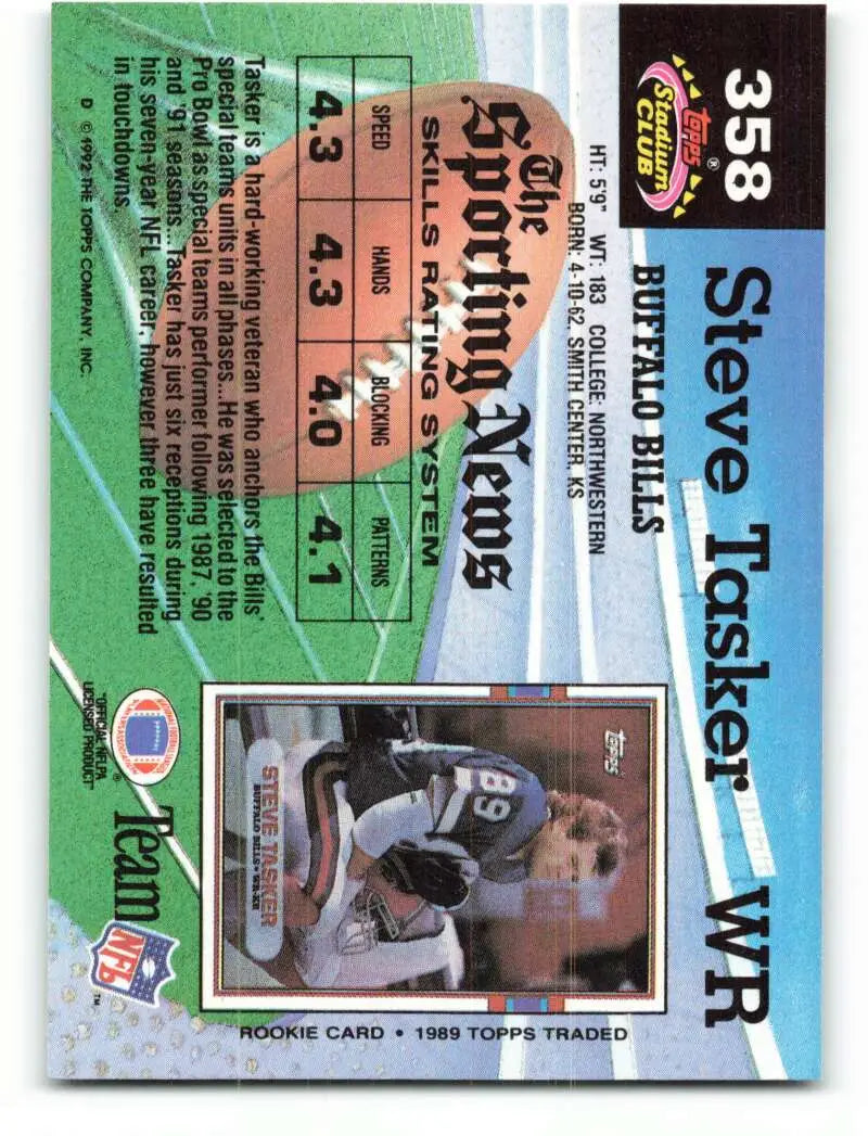 1992 Topps Stadium Club #358 Steve Tasker EX Excellent Buffalo Bills Football Card - Football Card Single