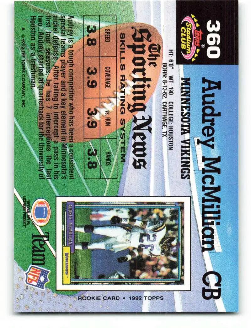 1992 Topps Stadium Club #360 Audray McMillian EX Excellent Minnesota Vikings Football Card - Football Card Single