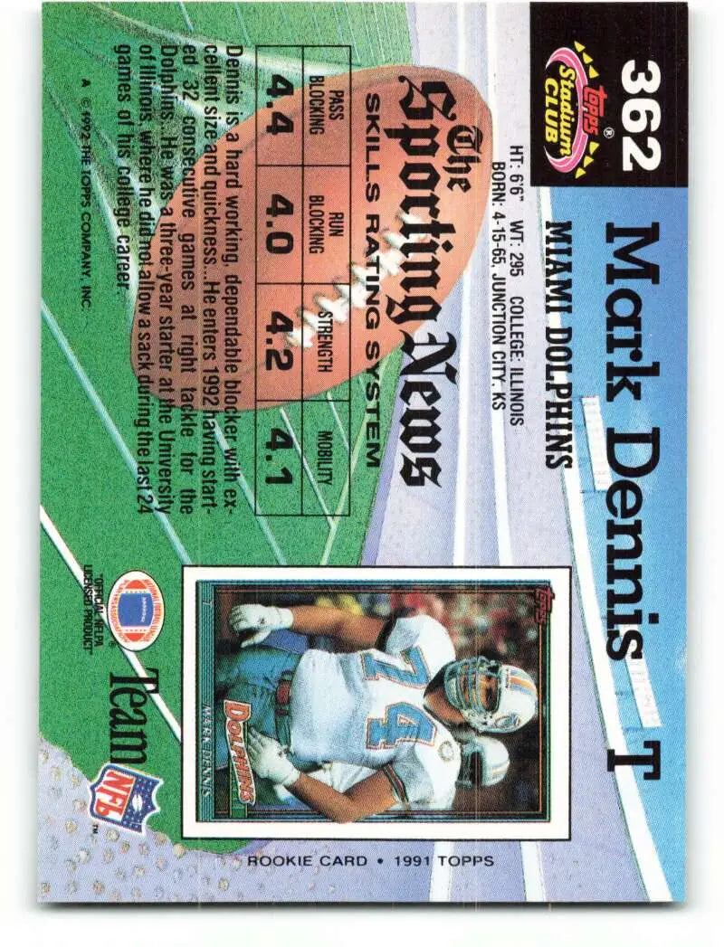 1992 Topps Stadium Club #362 Mark Dennis EX Excellent Miami Dolphins Football Card - Football Card Single