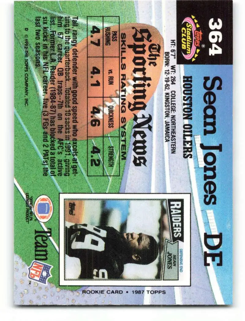 1992 Topps Stadium Club #364 Sean Jones EX Excellent Houston Oilers Football Card - Football Card Single