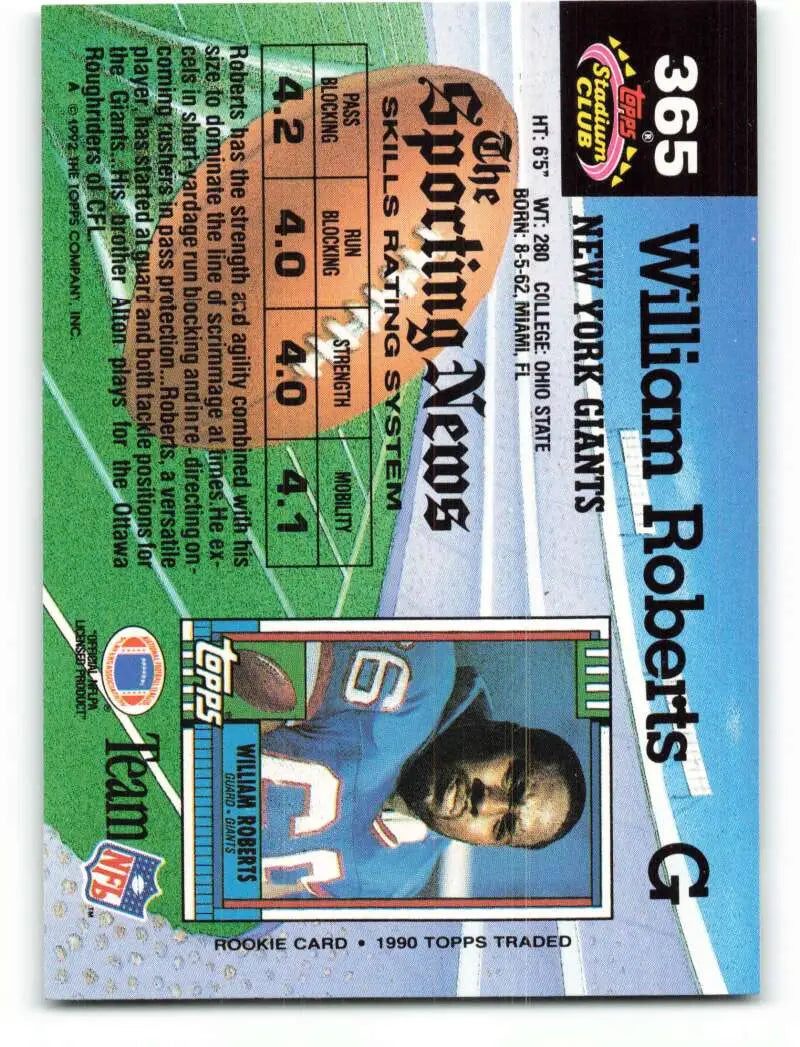 1992 Topps Stadium Club #365 William Roberts EX Excellent New York Giants Football Card - Football Card Single