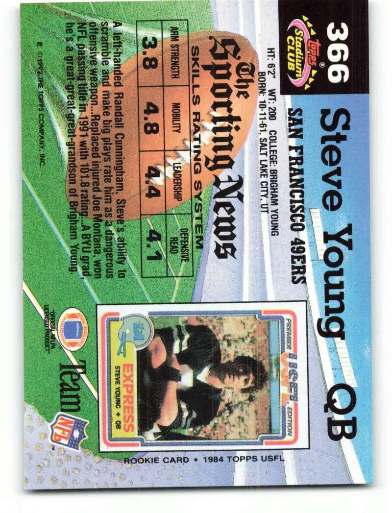 1992 Topps Stadium Club #366 Steve Young EX Excellent San Francisco 49ers Football Card - Football Card Single