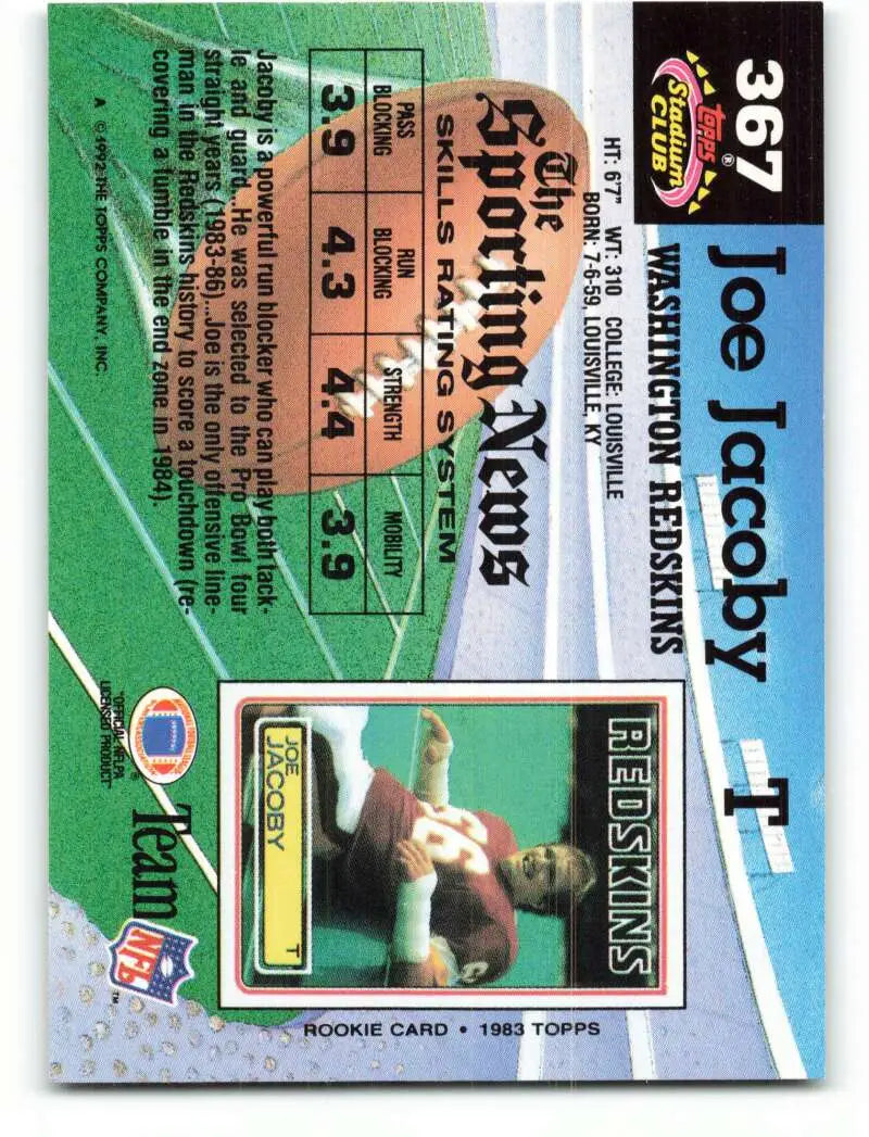1992 Topps Stadium Club #367 Joe Jacoby EX Excellent Washington Redskins Football Card - Football Card Single