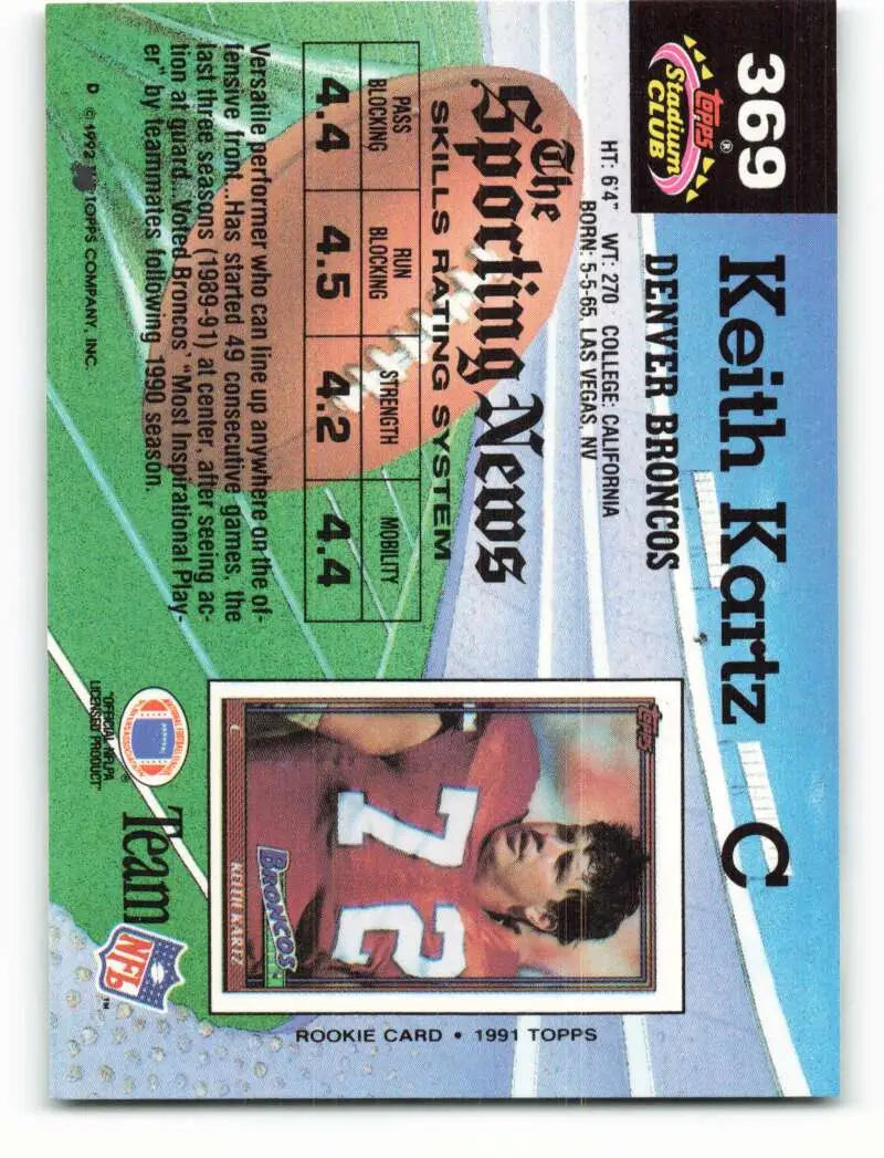 1992 Topps Stadium Club #369 Keith Kartz EX Excellent Denver Broncos Football Card - Football Card Single