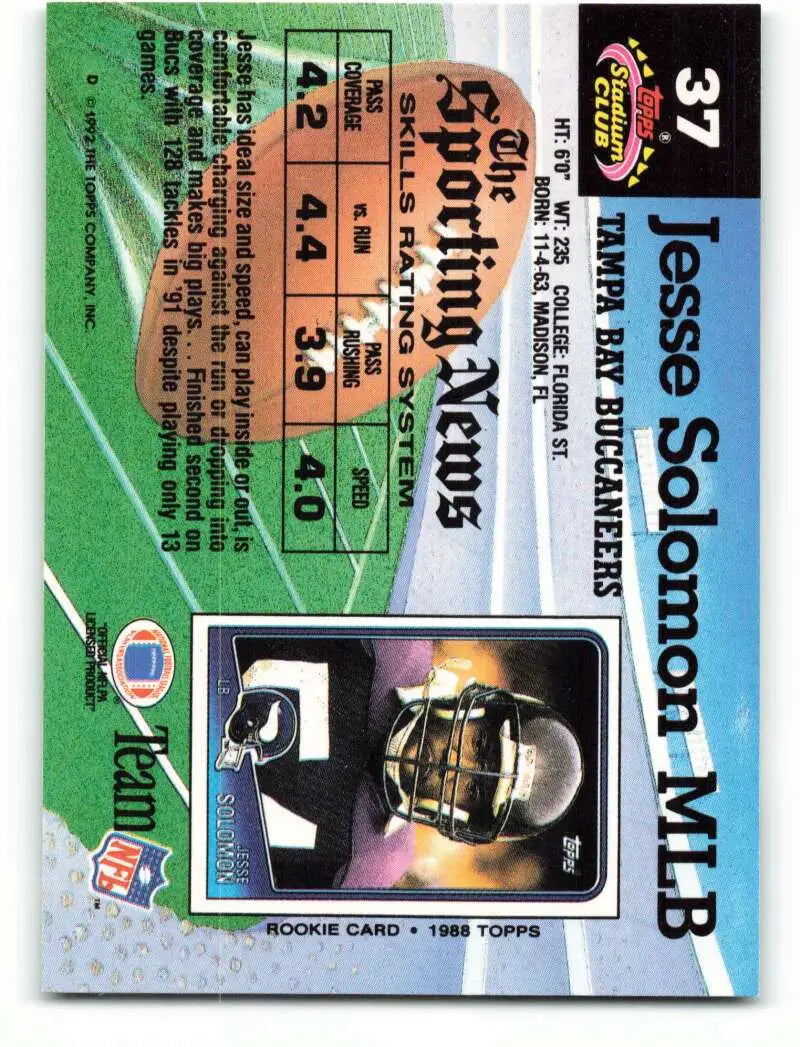 1992 Topps Stadium Club #37 Jesse Solomon EX Excellent Tampa Bay Buccaneers Football Card - Football Card Single