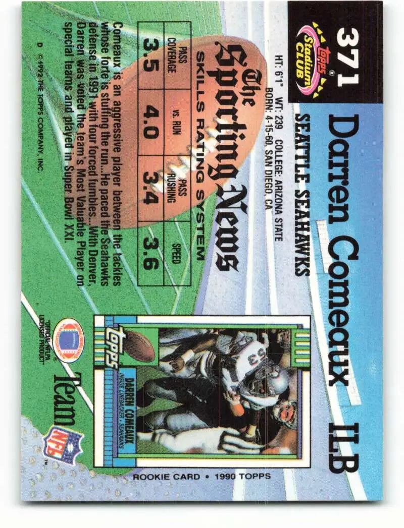 1992 Topps Stadium Club #371 Darren Comeaux EX Excellent Seattle Seahawks Football Card - Football Card Single