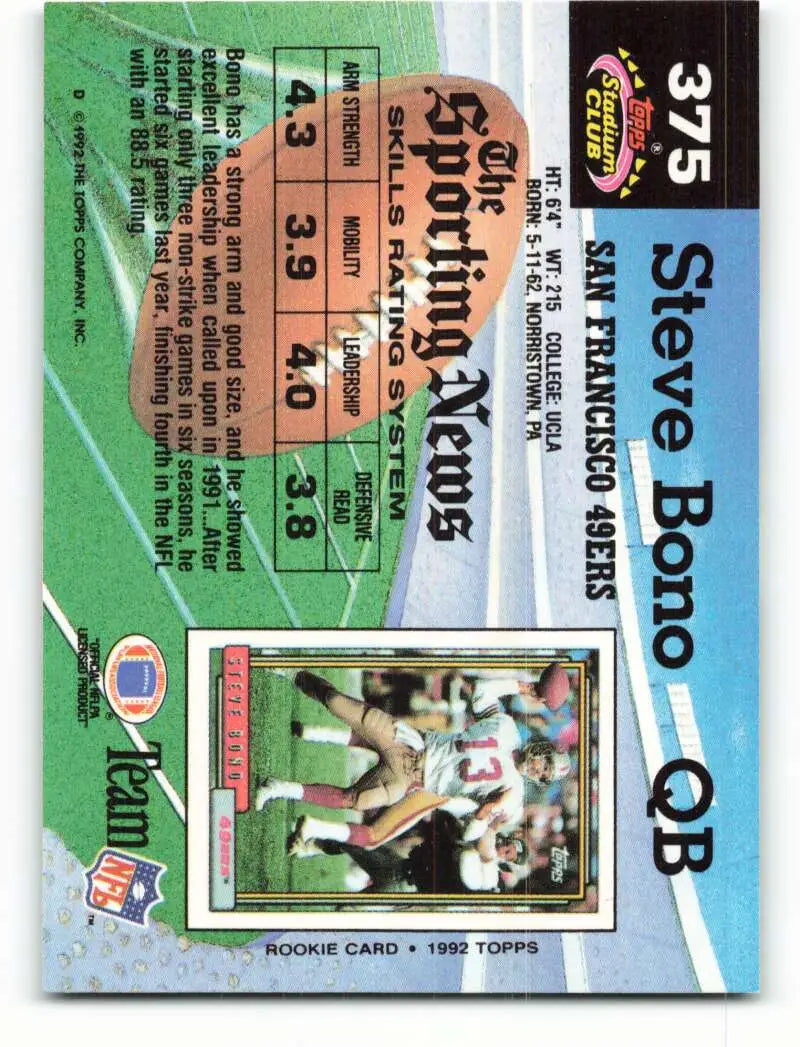 1992 Topps Stadium Club #375 Steve Bono EX Excellent RC Rookie San Francisco 49ers Football Card - Football Card Single