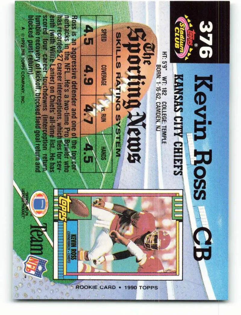 1992 Topps Stadium Club #376 Kevin Ross EX Excellent Kansas City Chiefs Football Card
