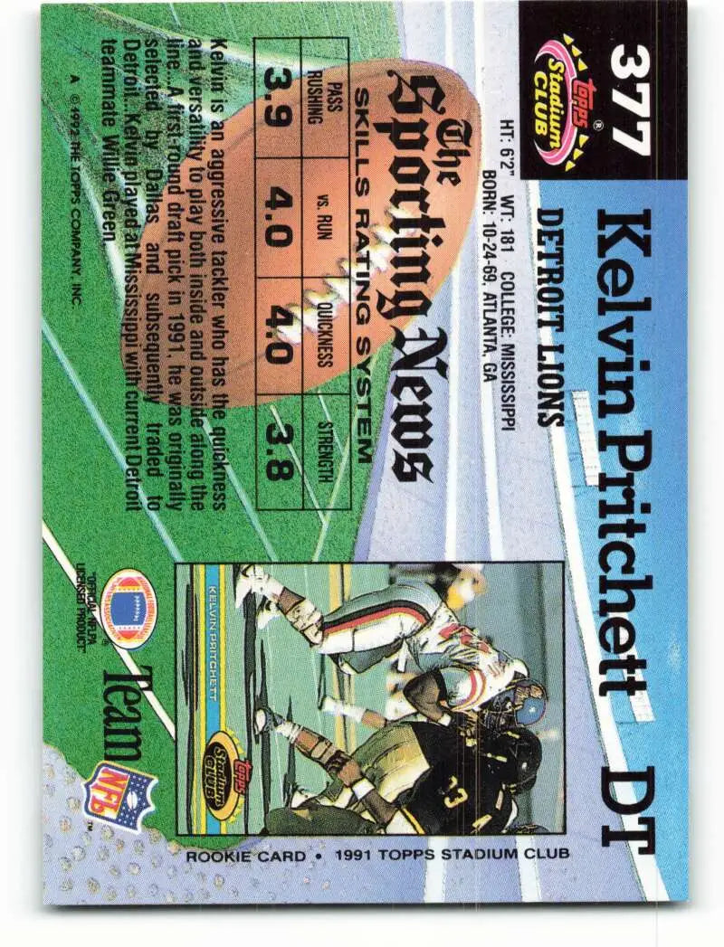 1992 Topps Stadium Club #377 Kelvin Pritchett EX Excellent Detroit Lions Football Card - Football Card Single