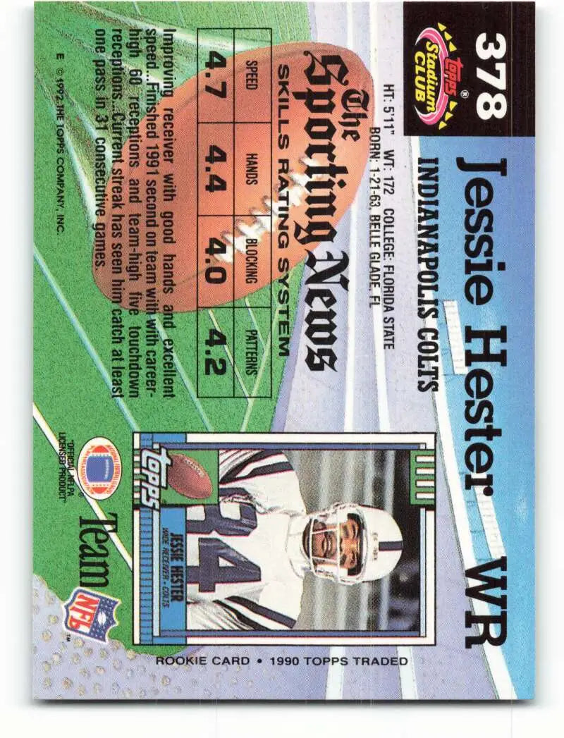 1992 Topps Stadium Club #378 Jessie Hester EX Excellent Indianapolis Colts Football Card - Football Card Single