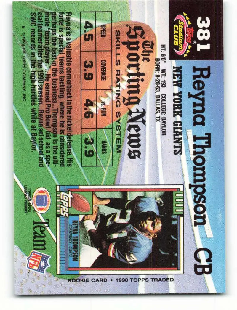 1992 Topps Stadium Club #381 Reyna Thompson EX Excellent New York Giants Football Card - Football Card Single