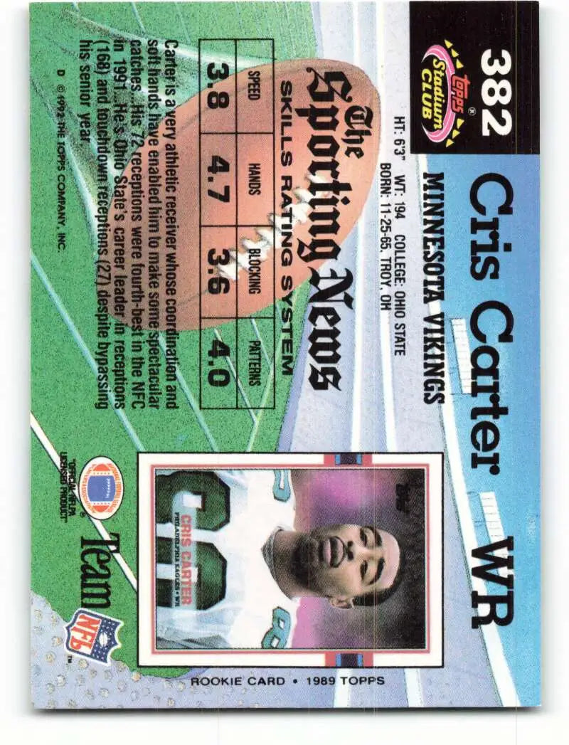 1992 Topps Stadium Club #382 Cris Carter EX Excellent Minnesota Vikings Football Card - Football Card Single
