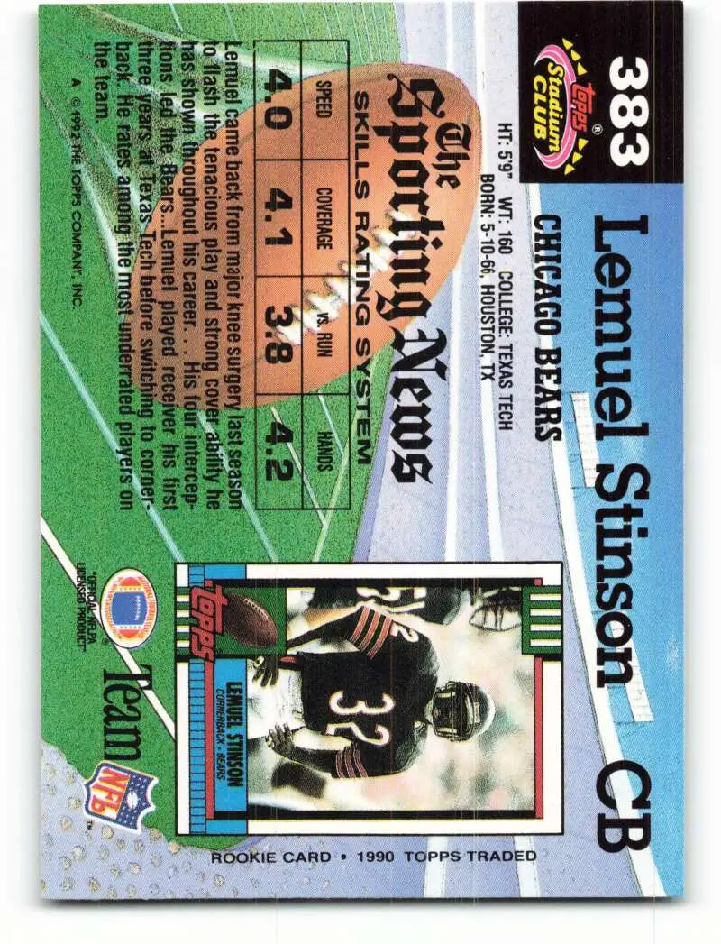 1992 Topps Stadium Club #383 Lemuel Stinson EX Excellent Chicago Bears Football Card - Football Card Single