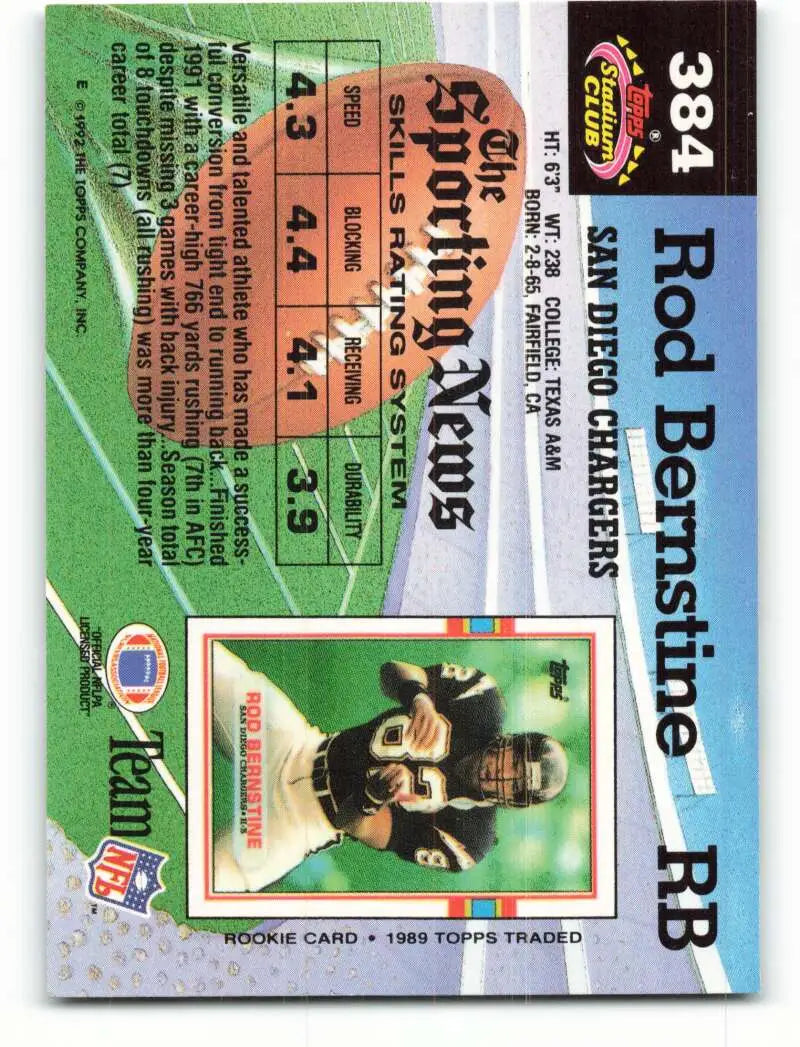 1992 Topps Stadium Club #384 Rod Bernstine EX Excellent San Diego Chargers Football Card - Football Card Single