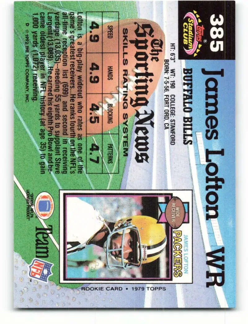 1992 Topps Stadium Club #385 James Lofton EX Excellent Buffalo Bills Football Card - Football Card Single