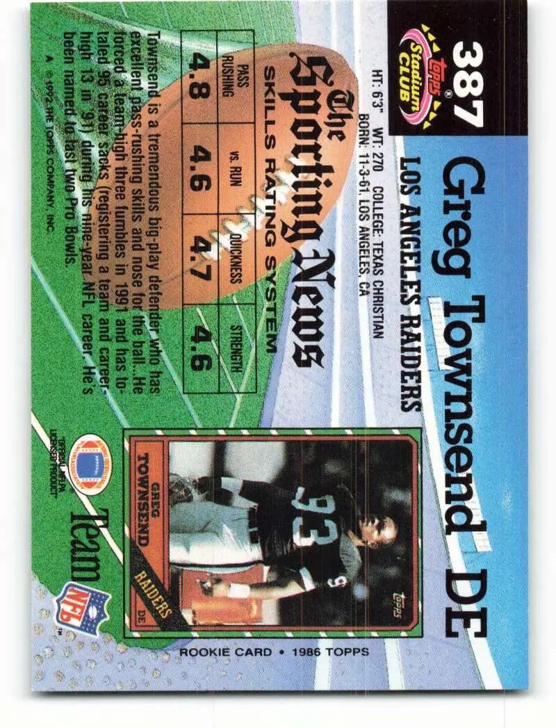 1992 Topps Stadium Club #387 Greg Townsend EX Excellent Los Angeles Raiders Football Card - Football Card Single