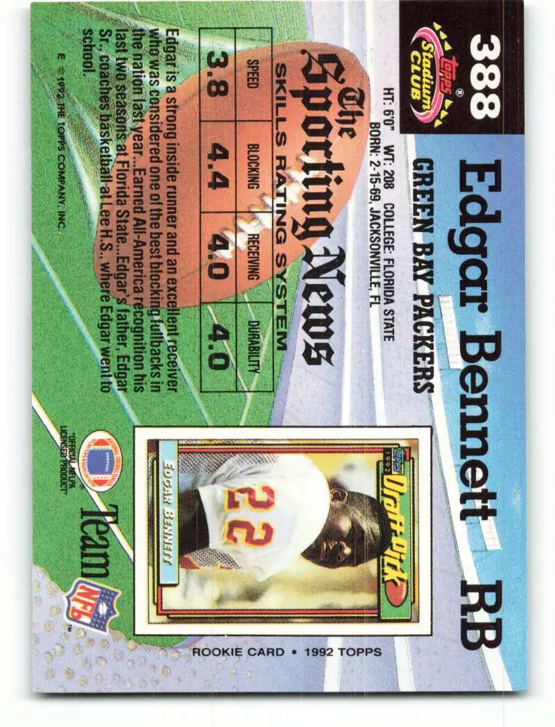 1992 Topps Stadium Club #388 Edgar Bennett EX Excellent RC Rookie Green Bay Packers Football Card