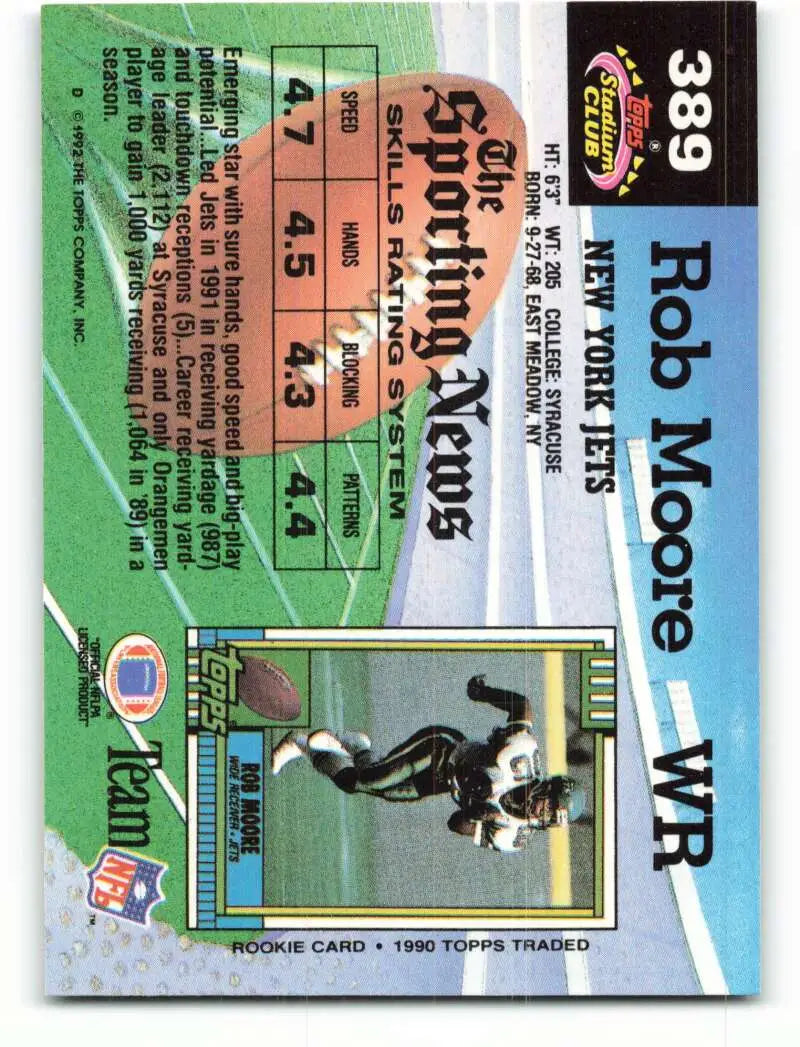 1992 Topps Stadium Club #389 Rob Moore EX Excellent New York Jets Football Card - Football Card Single