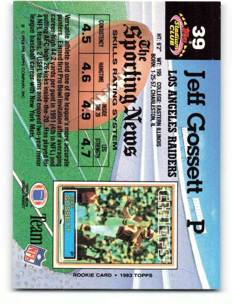 1992 Topps Stadium Club #39 Jeff Gossett EX Excellent Los Angeles Raiders Football Card - Football Card Single