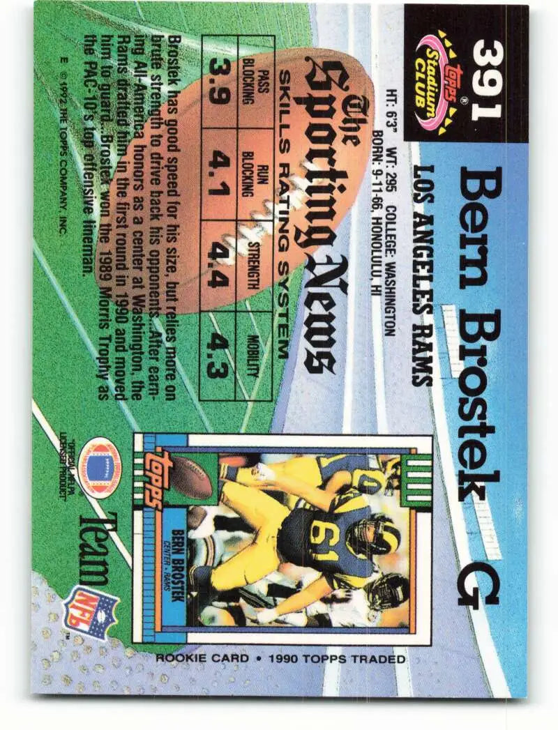 1992 Topps Stadium Club #391 Bern Brostek EX Excellent Los Angeles Rams Football Card - Football Card Single
