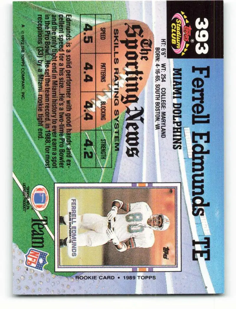 1992 Topps Stadium Club #393 Ferrell Edmunds EX Excellent Miami Dolphins Football Card - Football Card Single