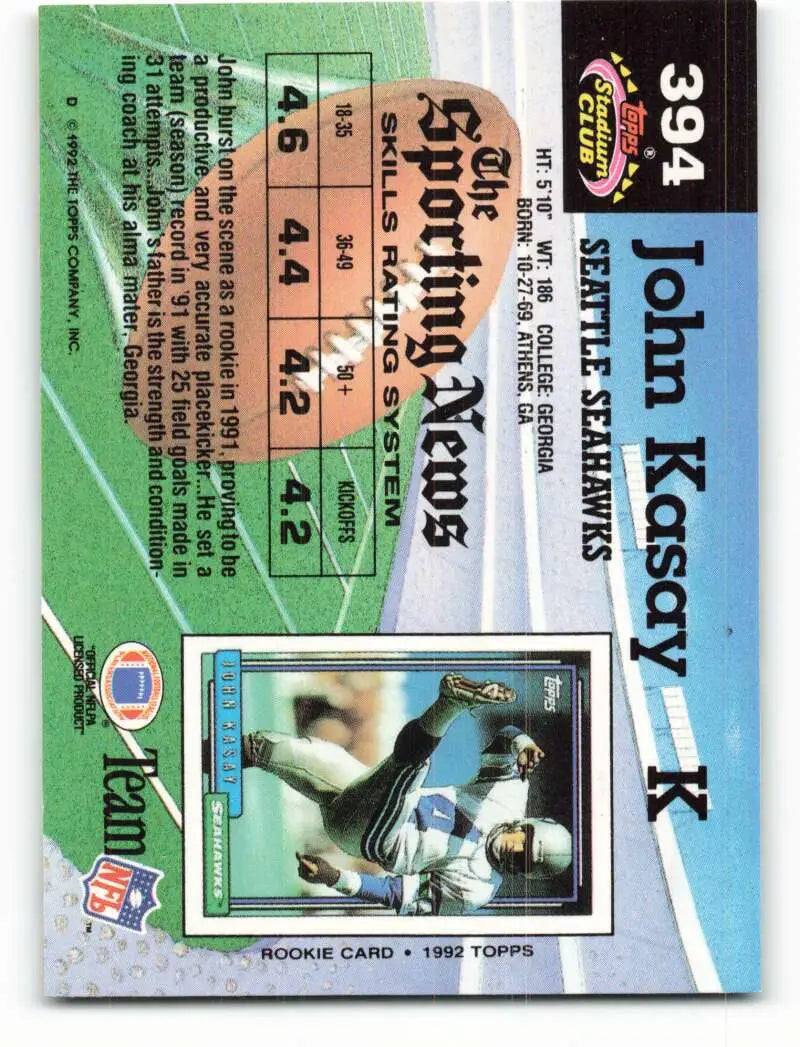 1992 Topps Stadium Club #394 John Kasay EX Excellent Seattle Seahawks Football Card - Football Card Single