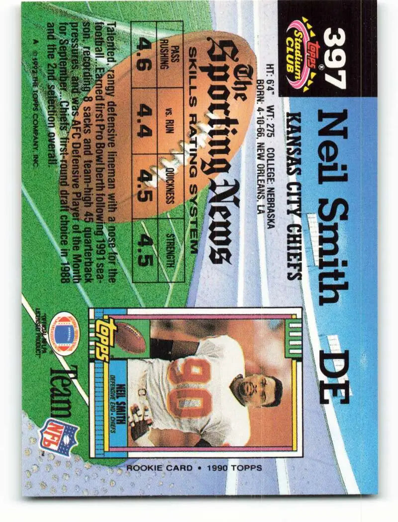 1992 Topps Stadium Club #397 Neil Smith EX Excellent Kansas City Chiefs Football Card - Football Card Single