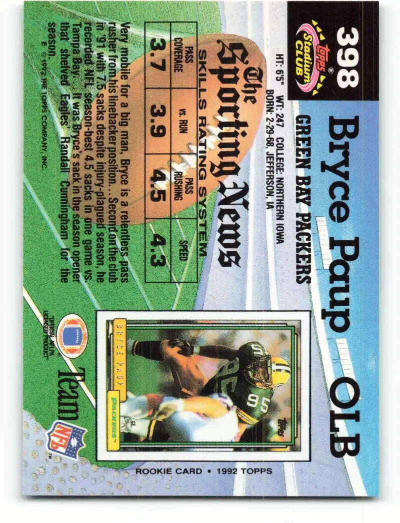 1992 Topps Stadium Club #398 Bryce Paup EX Excellent Green Bay Packers Football Card - Football Card Single