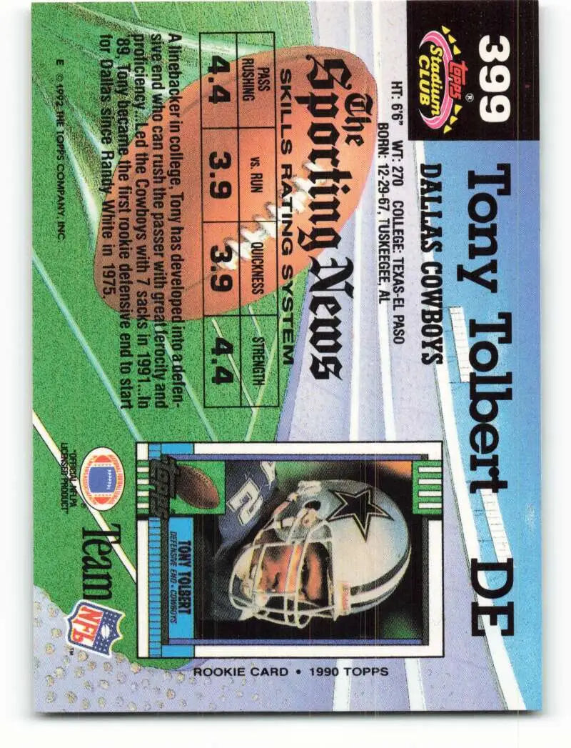 1992 Topps Stadium Club #399 Tony Tolbert EX Excellent Dallas Cowboys Football Card - Football Card Single