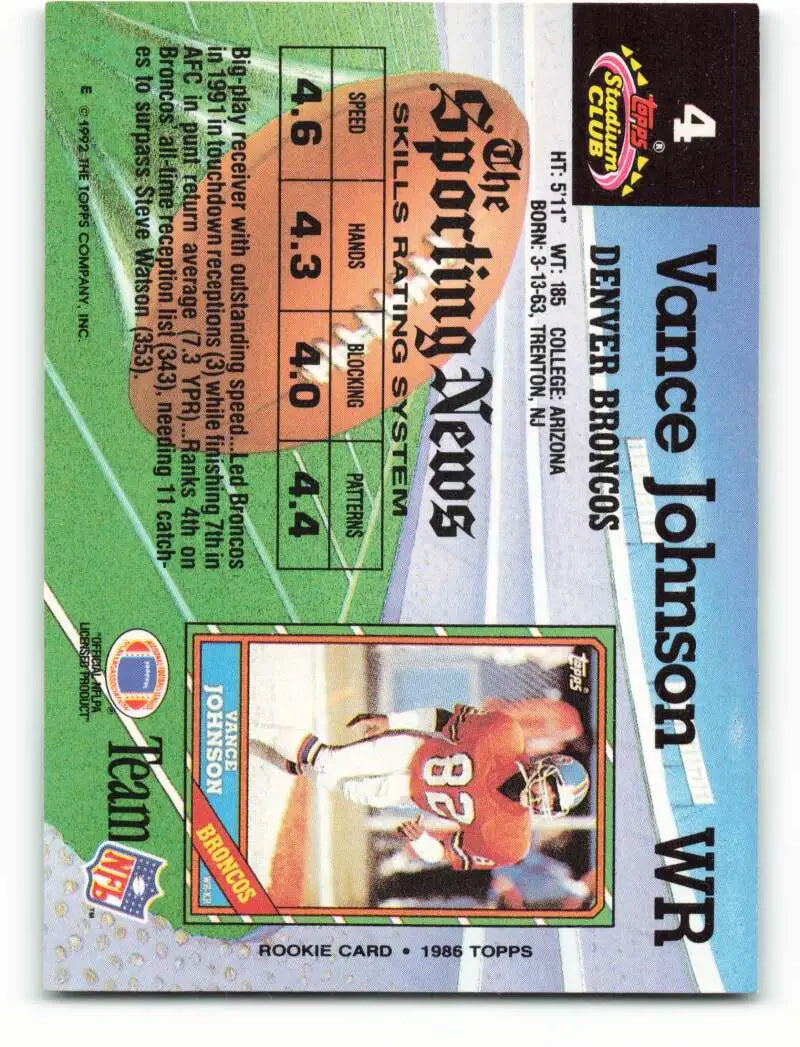 1992 Topps Stadium Club #4 Vance Johnson EX Excellent Denver Broncos Football Card - Football Card Single