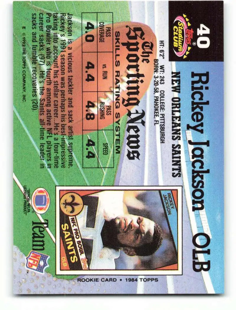 1992 Topps Stadium Club #40 Rickey Jackson EX Excellent New Orleans Saints Football Card - Football Card Single