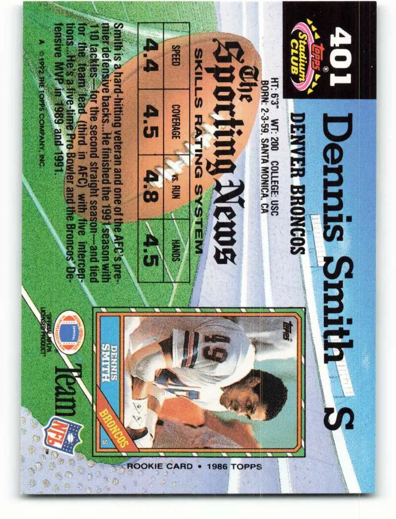 1992 Topps Stadium Club #401 Dennis Smith EX Excellent Denver Broncos Football Card - Football Card Single