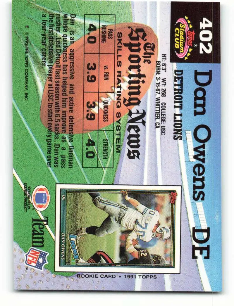 1992 Topps Stadium Club #402 Dan Owens EX Excellent Detroit Lions Football Card - Football Card Single