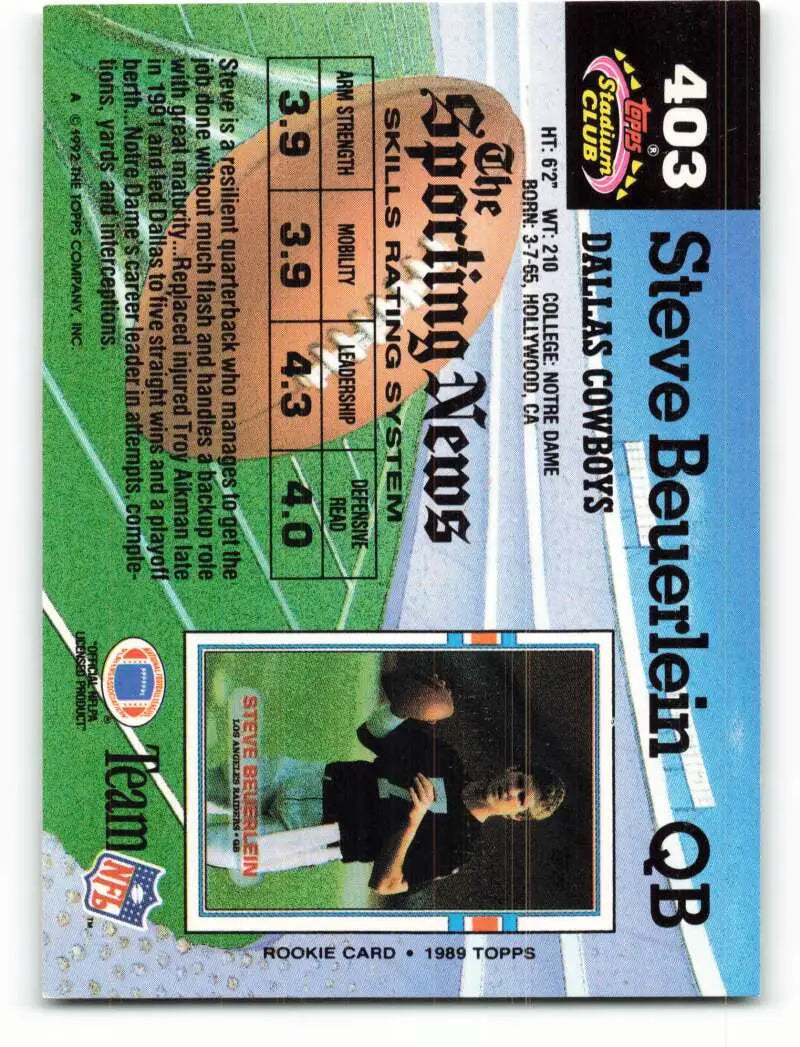 1992 Topps Stadium Club #403 Steve Beuerlein EX Excellent Dallas Cowboys Football Card - Football Card Single