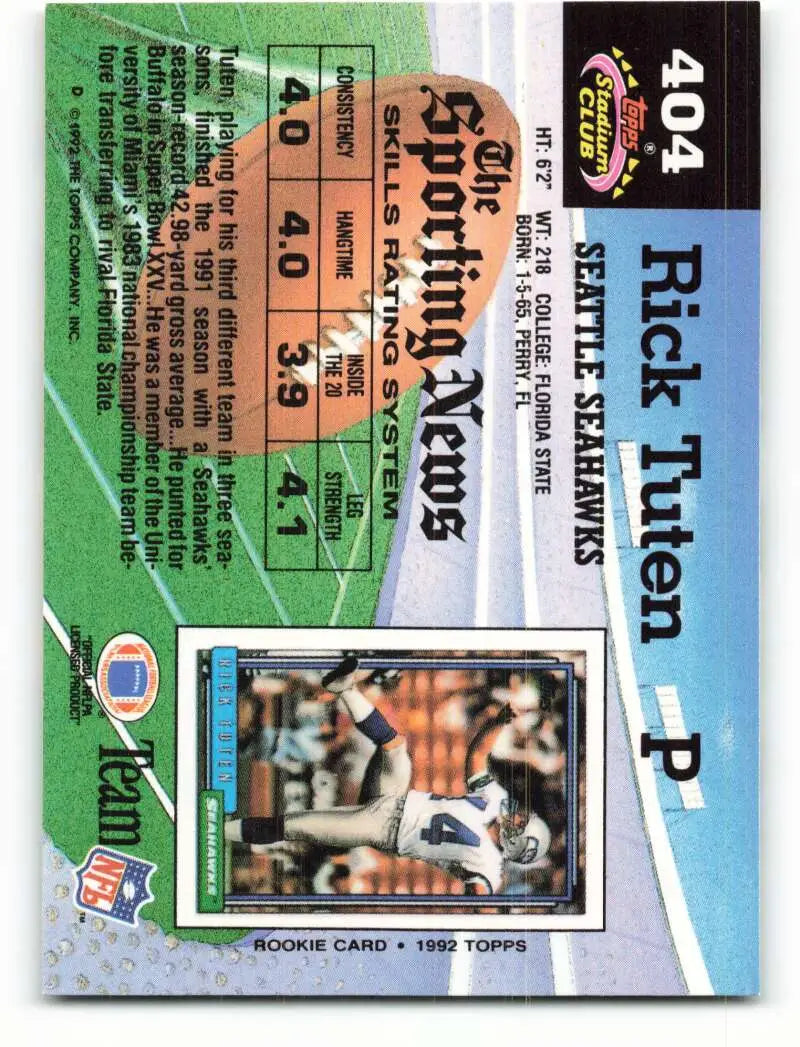1992 Topps Stadium Club #404 Rick Tuten EX Excellent Seattle Seahawks Football Card - Football Card Single