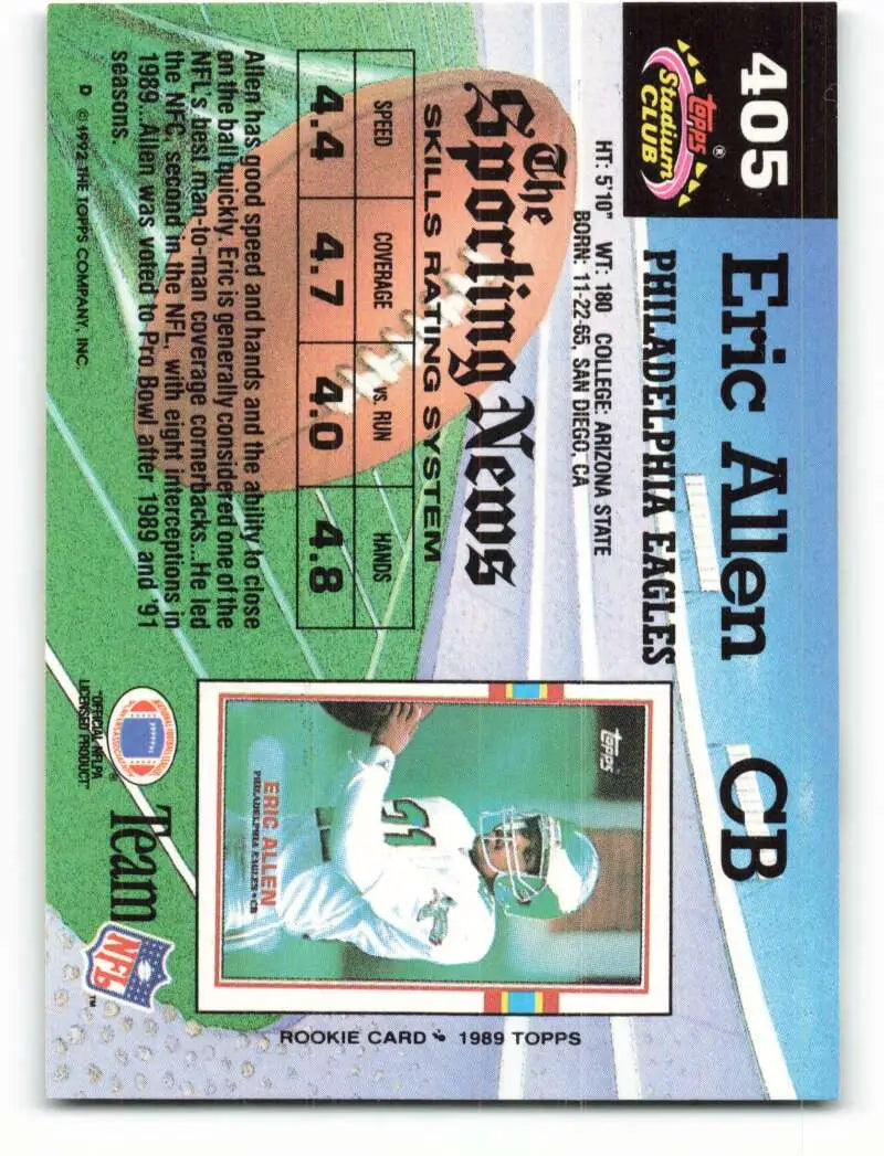 1992 Topps Stadium Club #405 Eric Allen EX Excellent Philadelphia Eagles Football Card - Football Card Single