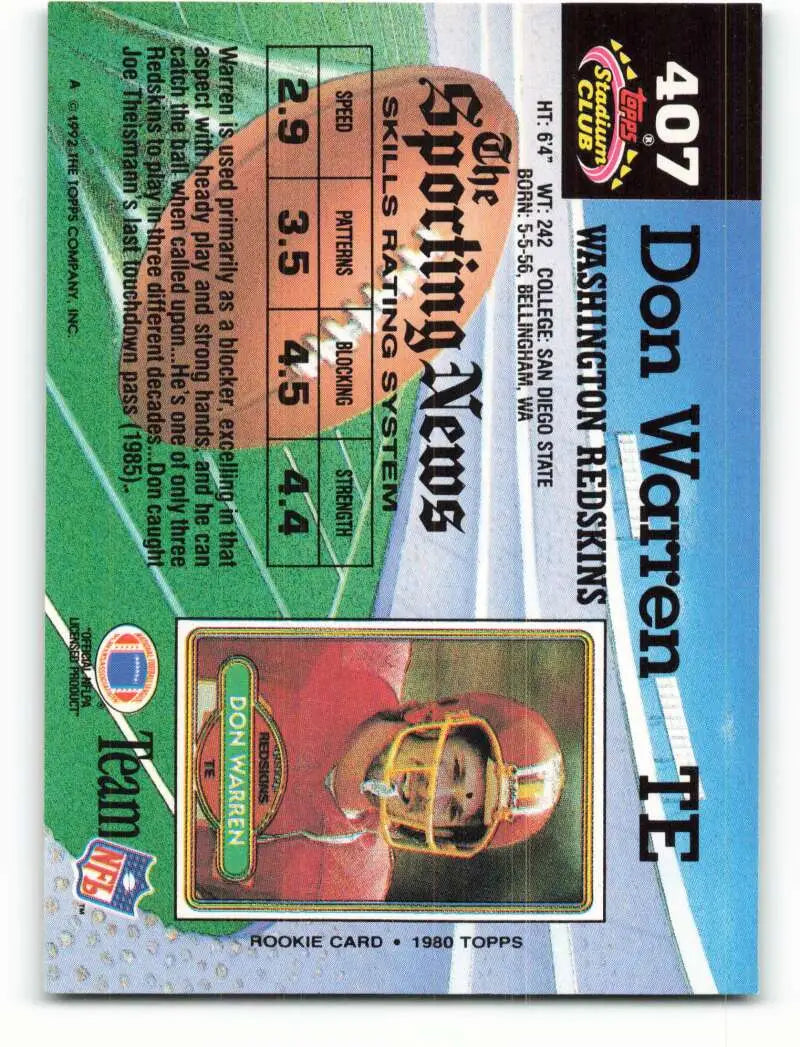 1992 Topps Stadium Club #407 Don Warren EX Excellent Washington Redskins Football Card - Football Card Single