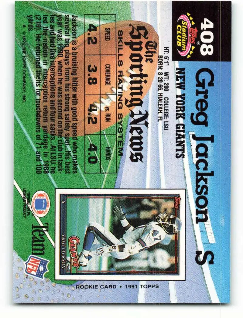 1992 Topps Stadium Club #408 Greg Jackson EX Excellent New York Giants Football Card - Football Card Single
