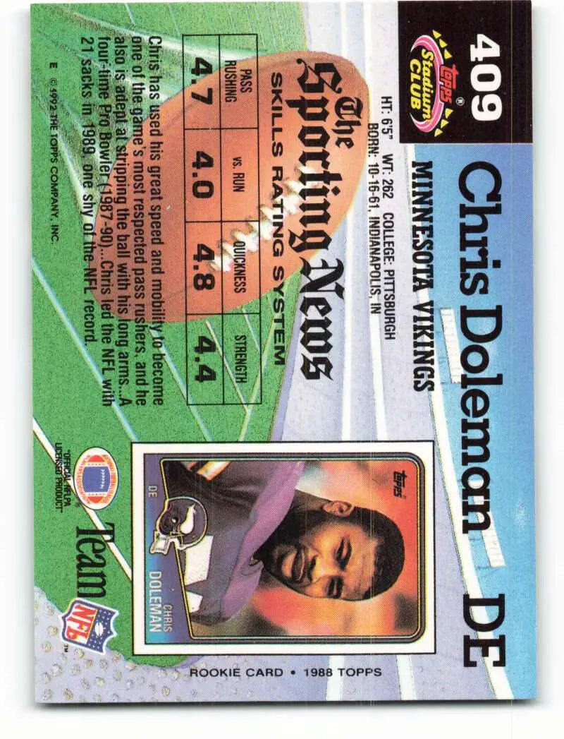 1992 Topps Stadium Club #409 Chris Doleman EX Excellent Minnesota Vikings Football Card - Football Card Single