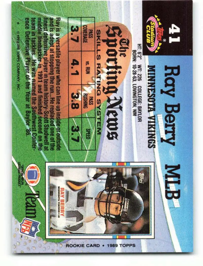 1992 Topps Stadium Club #41 Ray Berry EX Excellent Minnesota Vikings Football Card - Football Card Single