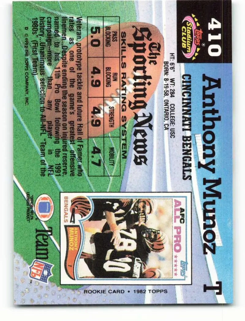 1992 Topps Stadium Club #410 Anthony Munoz EX Excellent Cincinnati Bengals Football Card - Football Card Single